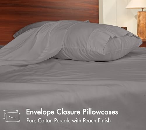 Image of RUVANTI 100% Cotton Percale Sheets Twin XL - Crisp Cooling Summer Bed Sheets for Hot Sleepers, Deep Pocket 14 inch, Soft Peach Finish, Breathable & Durable Hotel-Style 3 Piece Set, Smoky Grey