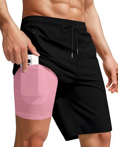 Image of Yufawow Men Swim Trunks with Compression 9 Inches Breathable Liner Quick Dry Zipper Pockets for Board Beach Gym Running