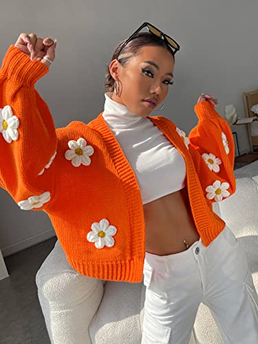 Makemechic Women's Floral Applique Lantern Sleeve Open Front Cropped Cardigan Sweater Orange S #TOP2