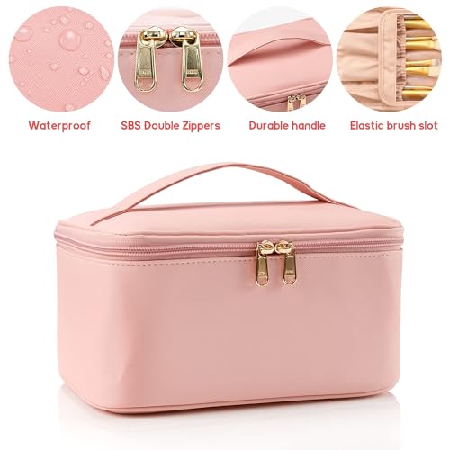 Travel-Makeup-Bag-Portable-Cosmetic-Bag-with-Makeup-Brush-Organiser-Large-Capacity-Make-up-Case-Water-Resistant-Toiletry-Bag-for-Women-Travel-Essentials-Pink