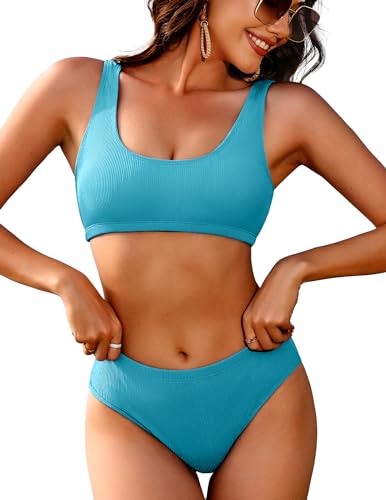 Bikini côtelé femme maillot de bain deux pièces bleu ciel encolure dégagée