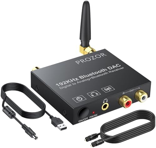 PROZOR Bluetooth DAC Converter 192kHz - Digital to Analog Audio Converter Bluetooth Optical Coaxial Digital Signal Input, RCA 3.5mm Analog Signal Output with a 1m/3ft Optical Cable for DVD PS3/4 HDTV
