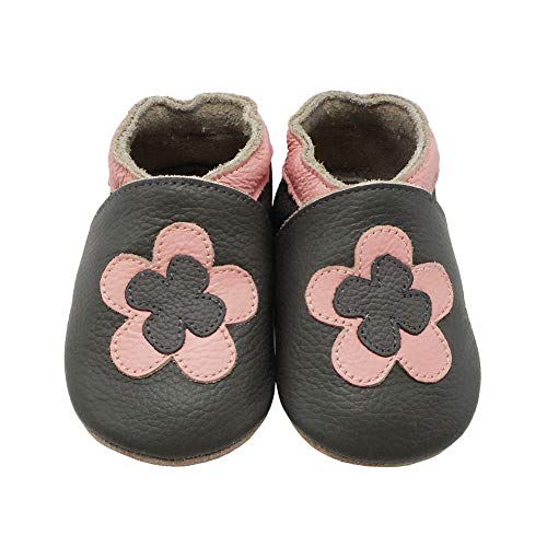 YIHAKIDS Chaussons bébé et Enfant en Cuir Souple - Pantoufles Enfant - Chaussures Bébé - Chaussures Premiers Pas(Size M, 6-12 Mois, Gris foncé, 21/22 EU)