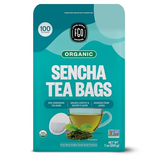 FGO Organic Sencha Green Tea, 100 Count, Eco-Conscious Tea Bags, Resealable Bag, Sourced From Japan, Packaging May Vary (Pack of 1)