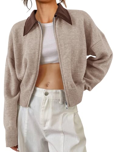 Saodimallsu Womens Zip Up Barn Jacket Cropped Faux Leather Collared Open Front Long Sleeve Fall Cardigan Sweaters