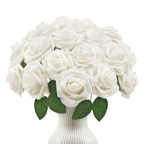 VevlaGreo 25Pcs Artificial Flowers Foam Fake Roses Ivory White with Stems for DIY Wedding Bouquets White Bridal Shower Centerpieces Arrangements Party Tables Decorations and Home Decorations
