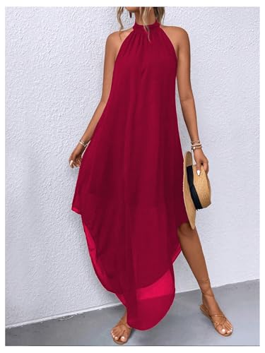 Image of Verdusa Women's Wedding Guest Dress Halter Flowy Chiffon Long Dresses | Cocktail Dress, Asymmetrical Dress for Women, Sleeveless, Prom Dress, Cruise Outfits, Boho