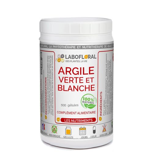 Argile verte et blanche Labofloral 500 gélules dosées à 420 mg - Complément alimentaire - vertus purifiantes et apaisantes du système digestif, cure détox- Fabriqué en France