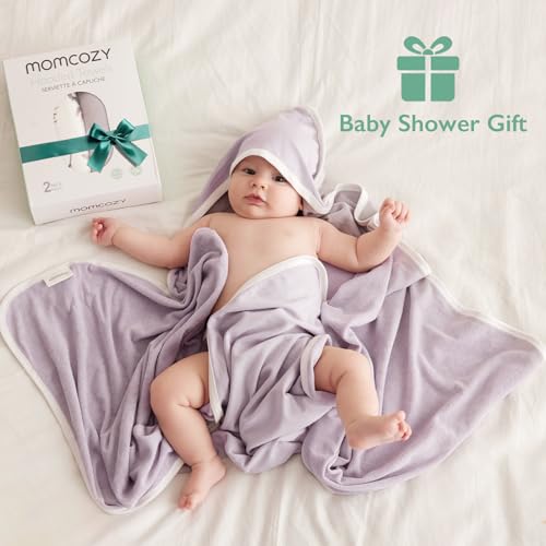 Image of Momcozy Baby Hooded Towel-Made from Cotton, Suitable for Newborn Shower Gifts, 2 Count (Pack of 1), 28 X 28 Inch, Ink Wash Leaves