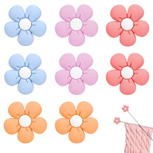 Piriuuo 8 Pcs Flower Knitting Needle Stoppers, Colorful Knitting Needle Point Protectors Cute Silicone Stitch Holders Knitting Stitch Stoppers for Knitting Crochet Supplies Accessories