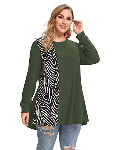 LARACE Plus Size Sweatshirts Lightweight Animal Print Tops For Women Long Sleeve Tunic Loose Pullover Color Block T-shirts(Army Green 4X)