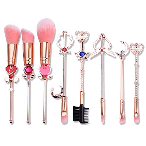 Sailor Moon Makeup Brush 8pcs Set With Pouch, Magical Girl Gold/Rose Gold Cardcaptor Sakura Cosmetic Brushes With Cute Pink Bag (193g Rose Gold)