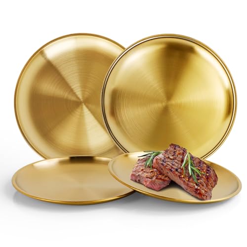 WATUNID 4 Pcs 8Inch Stainless Steel Plates, Gold Round Metal Dinner Dishes