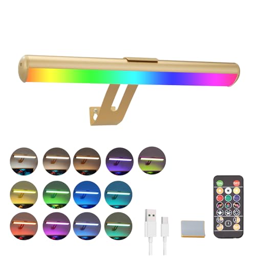 Image of Picture Light, Battery Operated Picture Light with Remote, Rechargeable Picture Frame Light, 32 LED, 16 Color Changing, Art Light for Paintings for Display, Picture-Gold