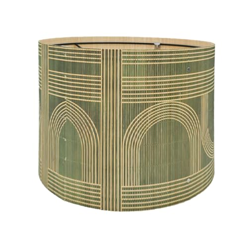 Image of Rustic Bamboo Drum lamp Shade with Decorative Geometric Green Figure,Groovy Unique ideal for living room bedroom, easy assemble, size 11.8x9Inch