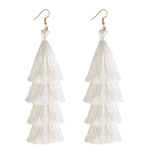ELEARD Tassel Earrings Tiered Thread Tassel Dangle Earrings Statement Layered Tassel Drop Earrings White