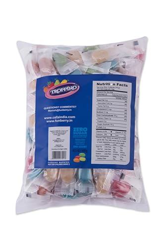 Image of TROFFINO SUGAR FREE Assorted Fruity Candy Jar 4 Exciting Mixed Fruit Flavors, (50 Candies) - Orange, Guava, Mango, Strawberry - Pack of 1