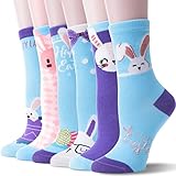 WELSOX Girls Kids Socks Gifts Cute Fun Crew Fashion Funny Novelty Soft Cotton Easter Bunny Socks 6 Pairs(Blue Rabbit,9-14 Years)