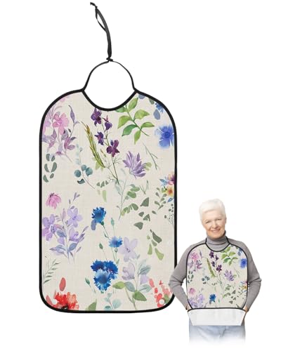 LEOKOTI Spring Floral Adult Bibs for Eating, Waterproof Bibs with Food Catcher & Adjustable Snap Closure, Colorful Flowers Summer Botanical Rustic Washable Clothing Protectors Adult Bibs for Elderly
