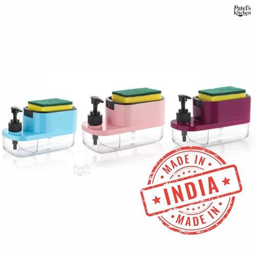 Image of Patel's Kitchen 3 in 1 Dish Soap Dispenser with Sponge Holder & Hand Wash Pump | Dual Liquid Kitchen Sink Organizer | Soap Dispenser with Drip Tray for Dishwashing, Sink & Kitchen Cleaning (3 in 1)