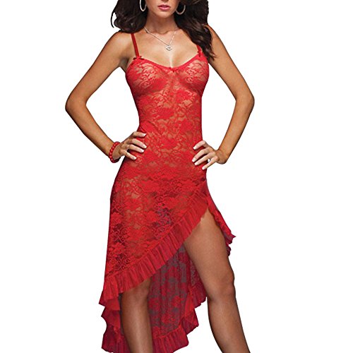 EVAbaby Sexy Plus Size Maxi Long Lingerie Deep V High Split Asymmetrical Lace Babydoll Chemise Sleepwear Set for Women Red 2XL