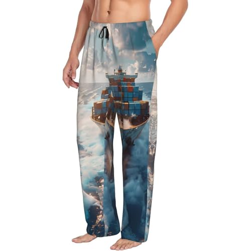 Mens Pajama Pants Bottoms With Pockets- Cargo Ship At Sea Soft Men Lounge Pants, Comfy Mens Pj Pants