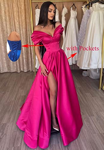 Women's Satin Prom Dresses with Pockets Ball Gowns Long Slit Maxi Evening Gown Off Shoulder Formal Party Dress 20233