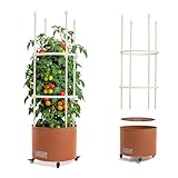Greens Word Corten Steel Planter Box with Trellis, 17” Round Patio Gardening Kit (45" Height) - Wheeled Metal Raised Bed for Tomatoes/Vines, Built-in Drainage & Weatherproof Cover
