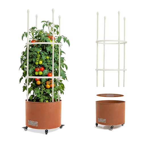 Greens Word Corten Steel Planter Box with Trellis, 17” Round Patio Gardening Kit (45