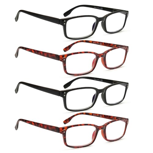 Image of Kerecsen 4 Pack Reading Glasses for Men and Women with Spring Hinges, Lightweight Black Rectangular Readers Eyeglasses (2 BLACK 2 Tortoise, 0.50, x)