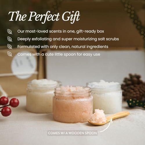 Bare Botanics 3 pc Body Scrub Gift Set - Ready to Gift Naturally Scented Sea Salt Scrub Made in Madison, WI - Formulated w/Skin Loving Moisturizers - Vegan, Cruelty Free Exfoliator w/a Cute Spoon