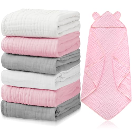 Image of Preboun 6 Pcs Muslin Baby Hooded Towels Cotton Absorbent 6 Layers Cute Bath Toddler Towels for Newborn Kids Girl Infant Boys Toddler Shower Gift Supplies (Grey,Pink,White)