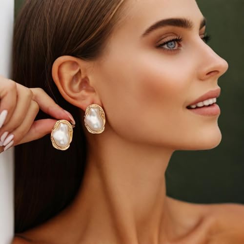 Boho Pearl Statement Earrings for Women Irregular Pearl and Gold Stud Earrings Big Round Freshwater Pearls Bridal Earring Beach Ocean Vacation Jewelry4