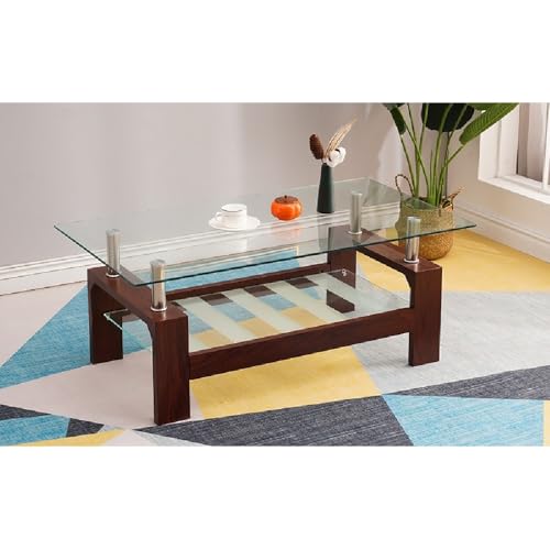 Image of Royaloak Muar Malaysian Glass Center Table | Tempered | Wooden Base | Centre Table for Drawing Room, Office, Living Room | Unique Coffee Table with Bottom Shelf for Utility