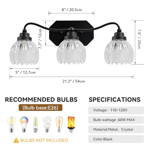 Image of Vintage Bathroom Light Fixtures, 3 Light Bathroom Vanity Light, Black Matte Antique Brass Finish with Crystal Glass Shade, Mid Century Wall Sconces for Bedroom, Living Room, Hallway