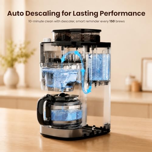 Image of Kismile 10-Cup Digital Drip Coffee Maker with Built-In Grinder, Programmable, 24H Timer, Keep-Warm Function, Customizable Strength & Grind Size, Coffee Machines with Smart LED Touchscreen