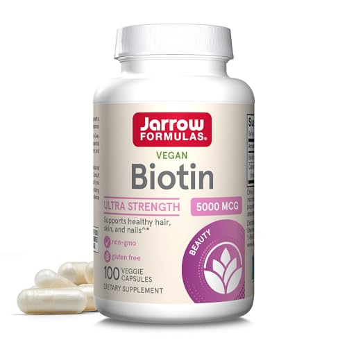 Jarrow Formulas® Biotin Ultra Strength 5000 mcg, Dietary Supplement, Hair, Skin, and Nails Support, 100 Veggie Capsules, Up to 100 Day Supply
