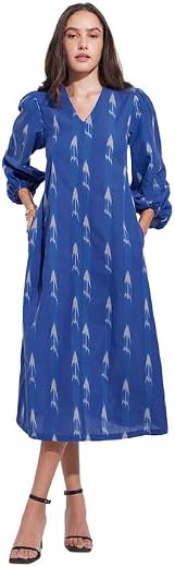 Pink Fort Casual Cotton Relaxed Dress | A-Line Fit 3/4th Puff Sleeves V-Neck