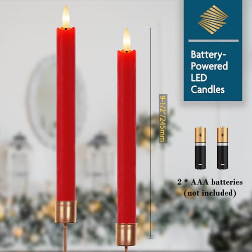 Image of Red Flameless Taper Candles 9.6 inch Christmas LED Candles Real Wax with Remote Timer, Battery Operated LED Candles Set with 3D Flickering Flame, Classic Flickering Candlesticks for Home, Party, 6 Pack