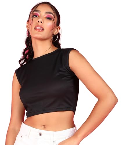 Image of POPWINGS Casual Self-Design Round-Neck Sleeveless Crop Top for Women || Summer Wear Crop Tops for Women || Stylish Western Regular Wear Women Crop Tops