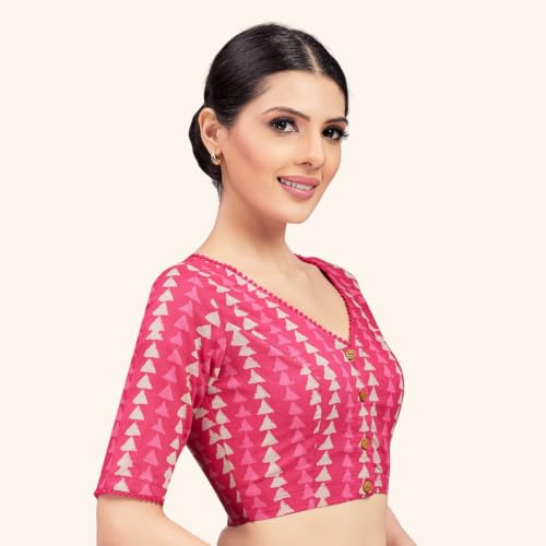 Image of Studio Shringaar Women's Cotton Block Printed Elbow Length Sleeves Saree Blouse.