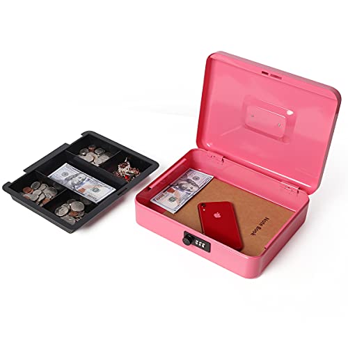 Cash Box with Money Tray and Combination Lock, Parrency Large Money Box 11 4/5\" x 9 2/5\" x 3 1/2\" (Pink Combination Lock, XLarge)