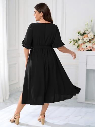 Image of SCOMCHIC Women's Plus Size Wedding Guest Dress Smocked V Neck Short Ruffle Sleeve Split Flowy Summer Cocktail Dresses