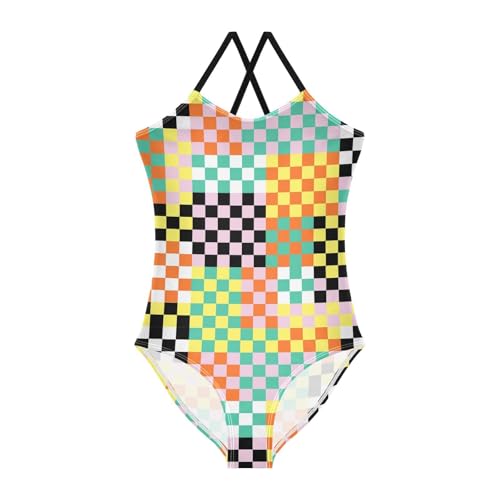 Image of Black and White Chess Girls One Piece Swimsuits Board Marble Tile Sport Halter Swimwear Beach Bathing Suit 3T