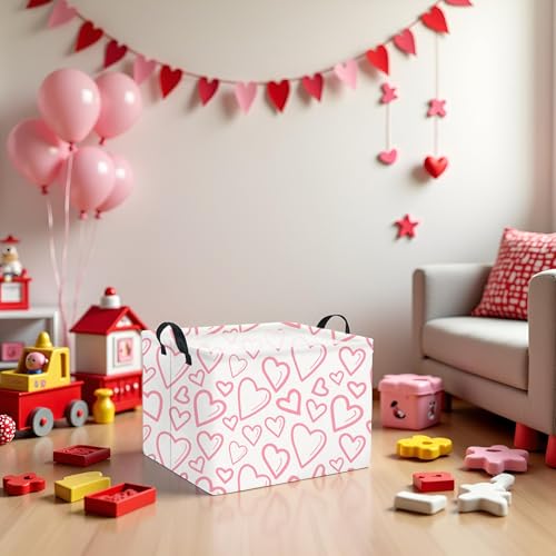 Image of Rectangular Valentines Basket for Home Kitchen Girls Cute Kids Storage Bin Organizer Shelf Book Room Decor(Pink Line Hearts)