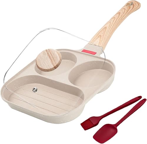 Nonstick Egg Frying Pan 3-in-1 Divided Skillet Pans with Lid Mini Breakfast Pan for Eggs Omelets Pancakes Compatible with Gas Stove & Induction Cooktops Includes Spatula and Oil Brush White
