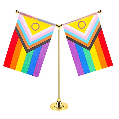 Fwiw Rainbow Pride Flag New Intersex Pride Progress Rainbow Desk Flag Small Mini Gay Lgbt Office Table Flags With Stand Base,Rainbow Mardi Gras Themed Party Decorations #TOP21