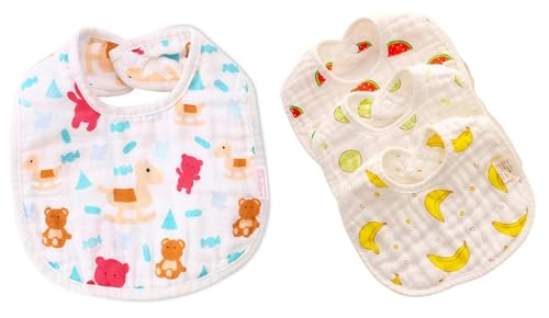Image of BabyGo Muslin Cotton Baby Bibs | Pure Cotton 8 Layer Super Absorbent Cartoon Print Feeding & Drool Bibs | Ultra-Soft, Washable & Reusable Bibs for Infants, Toddlers & Newborns | Set of 4 (Multicolor)