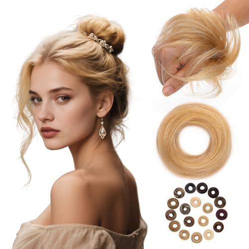 prokyvity Messy Bun Hair Piece Human Hair, Human Hair Messy Bun Hair Piece for Women,100% Real Hair Bun Wig,Invisible Light and Soft Straight-18P613 Gold Blonde&Bleach Blonde