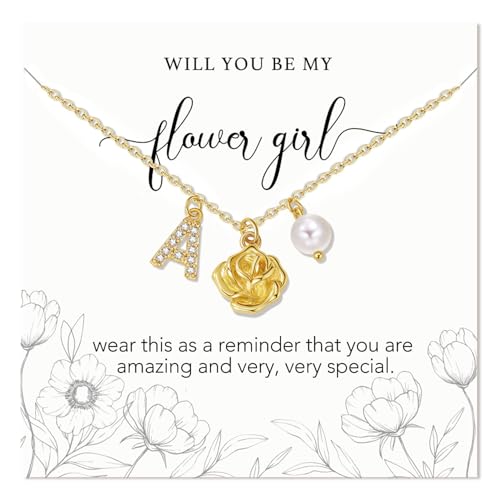 Personalized Flower Girl Proposal Gifts,Initial A-Z Letter Rose Pendant Necklace for Flower Girl On Wedding Bridal Party